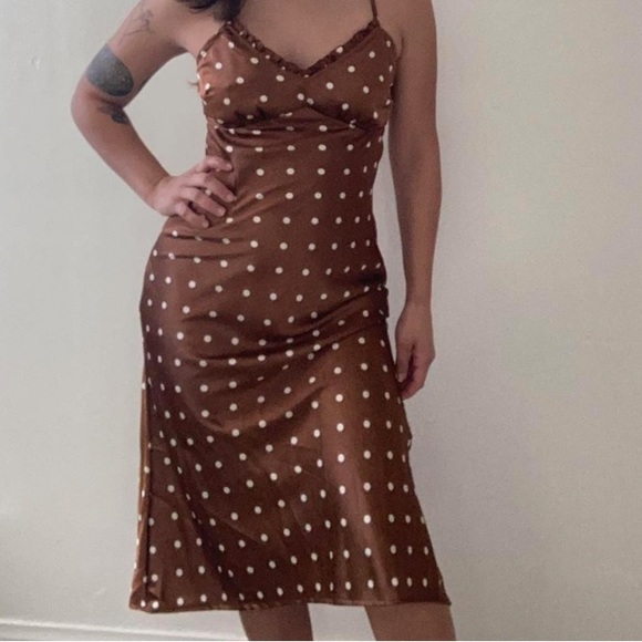 Japan Brown Silk Material Cream Polka Dot Dress Size M with adjustable straps - Picture 3 of 3
